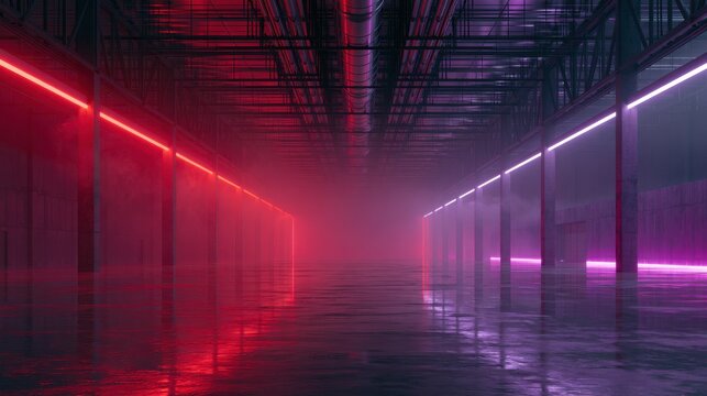 Empty modern warehouse with neon red and purple lights