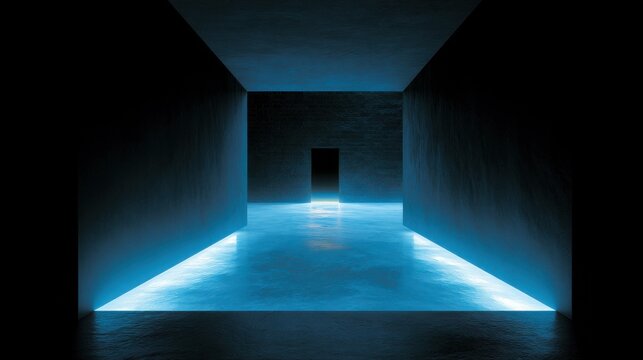 Minimalist dark corridor with glowing blue floor reflections