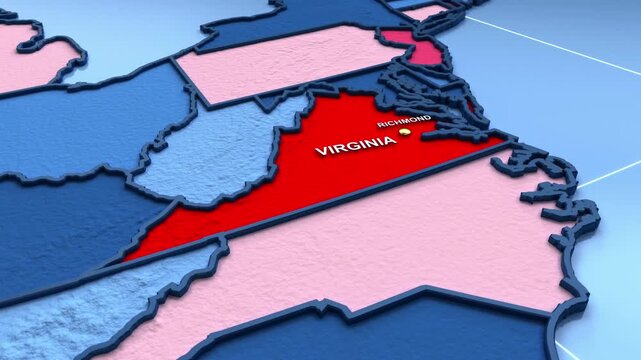 Looped 3D election map animation of the United States zooming into Virginia state, featuring red, blue, purple and green political outcome variations. 