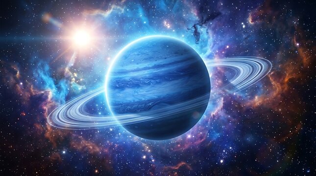 Blue ringed planet in deep space nebula