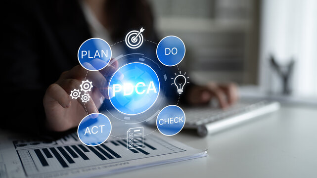 Business strategy implementation concept with PDCA cycle, including plan, do, check, and act, illustrated through digital interface in an office setting. Bitwise.