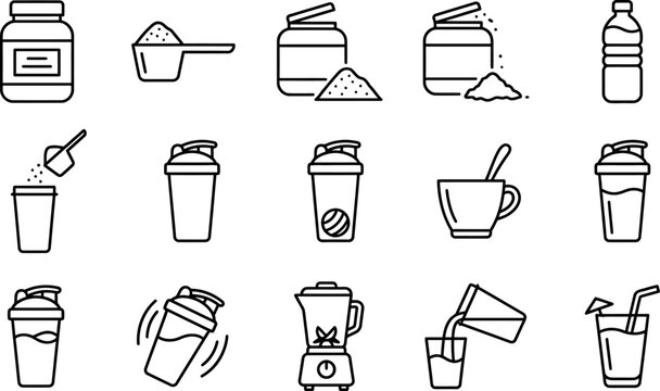 Collection of fifteen minimalist black and white line art icons representing various aspects of protein supplementation, fitness nutrition, beverage preparation, and healthy hydration practices.