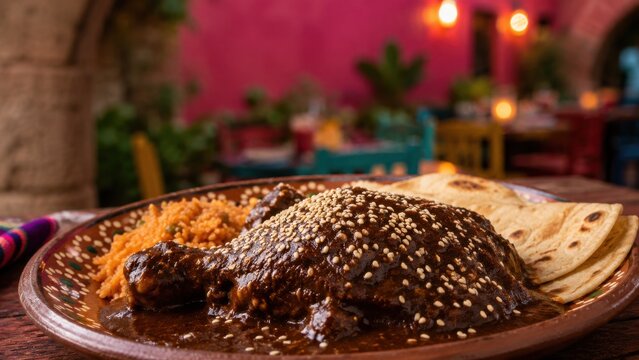 Mole chicken with tortillas in warm restaurant setting