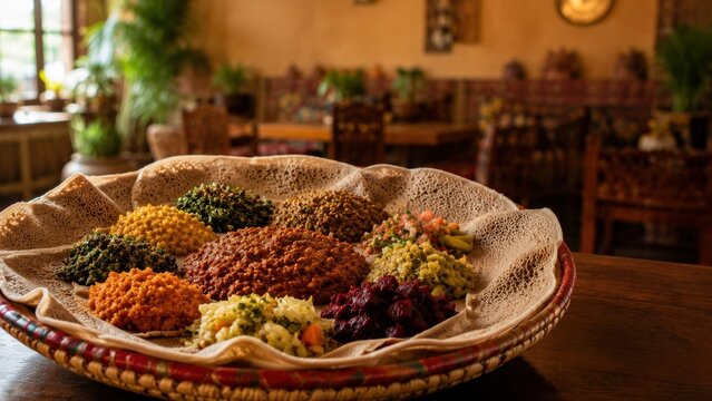 Traditional food platter on table in rustic restaurant