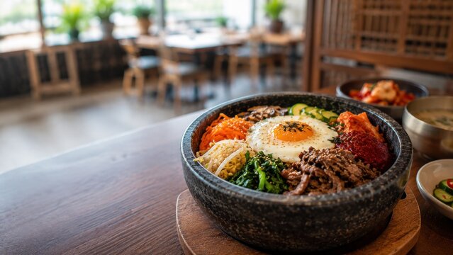 Korean rice bowl with fried egg in restaurant