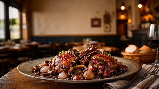 Coq au vin served in a rustic bistro dining room
