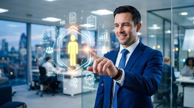 Businessman using digital human resources interface in office