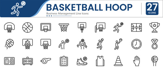 Set of 27 outline icons related to basketball hoop. Containing basketball, hoop, backboard, player, trophy and more. Linear icons collection. Editable stroke. Vector illustration © ToufikGlyph