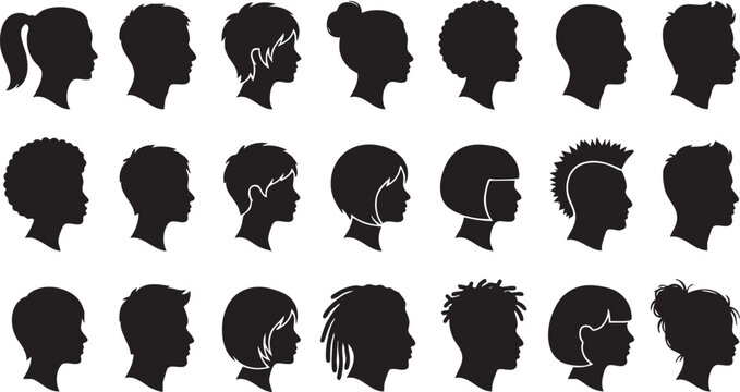 Human heads demonstrate diverse hairstyles and profiles in a collection of black silhouettes.