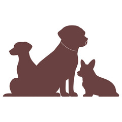 Group of three cute dogs sitting in a dark brown silhouette