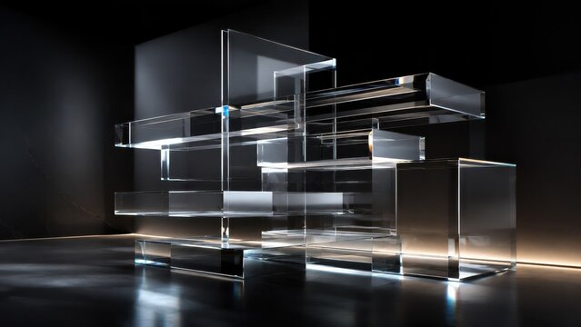 Futuristic glass sculpture illuminated in dark studio