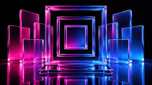 Neon glass frames on black reflective background