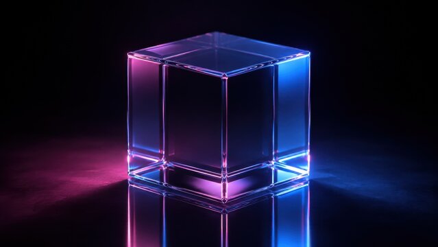 Glass cube with neon pink and blue lighting on black background