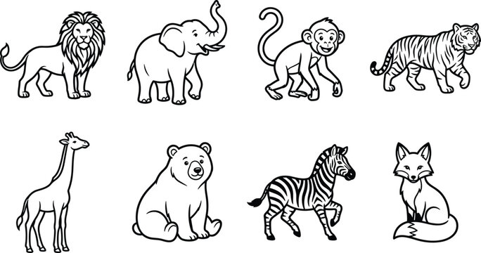 Collection of eight wild animal line including lion, elephant, monkey, tiger, giraffe, bear, zebra, and fox