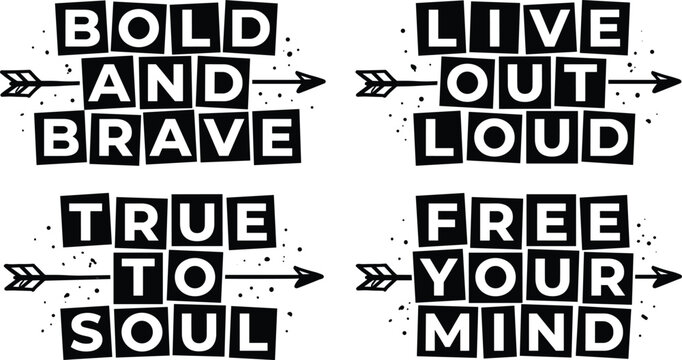 Set of four motivational quotes with arrows and decorative dots in black and white style