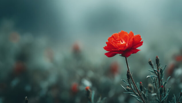 Single red flower blooming in moody dark green garden emphasizing remembrance, solitude, and hope