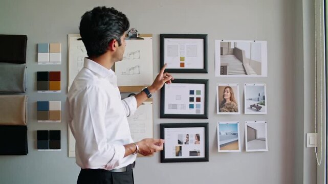Starting review pointing designer in white shirt examining studio swatch and moodboards, copy space