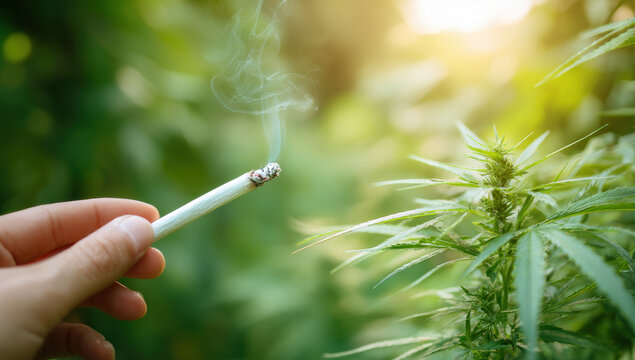 Hand holding a lit cannabis joint, smoke rising with marijuana plants in the background, promoting herbal use and legalisation concepts