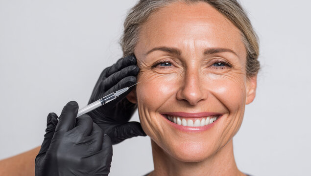 Senior woman receiving botulinum toxin injection for anti-aging cosmetic treatment, smiling at dermatology clinic