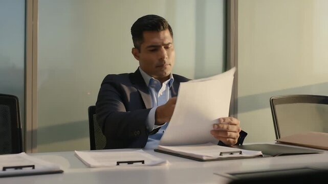 Leaning back man in suit examining sheet in office, comparing sheets, sorting clipboards for review