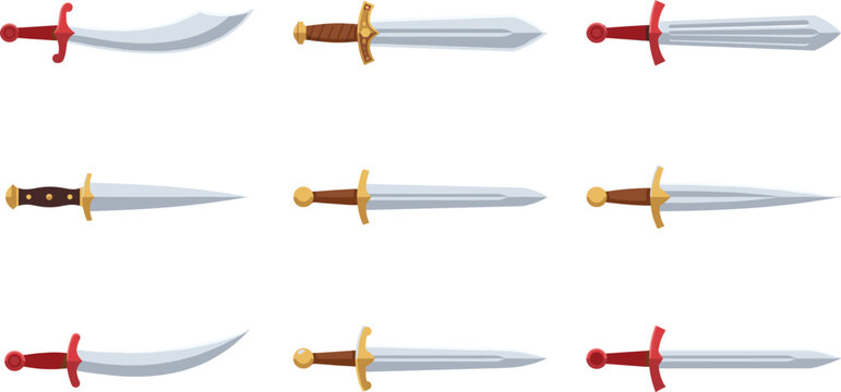 Medieval Fantasy Sword and Dagger Vector Icon Set with Colored Weapon Collection