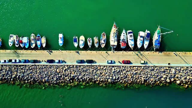 Aerial view of various boats moored at a concrete pier with parked cars and a rocky breakwater in the turquoise waters of Crete, Greece.