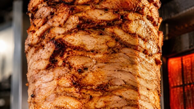 Vertical stack of marinated meat on a rotating spit, showcasing layers of seasoned chicken with a golden-brown crust, illuminated by warm light in a commercial kitchen