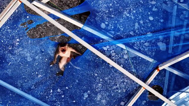 Aerial view of a monkey sitting on a torn blue tarp over a metal scaffolding frame in Bali, Indonesia.