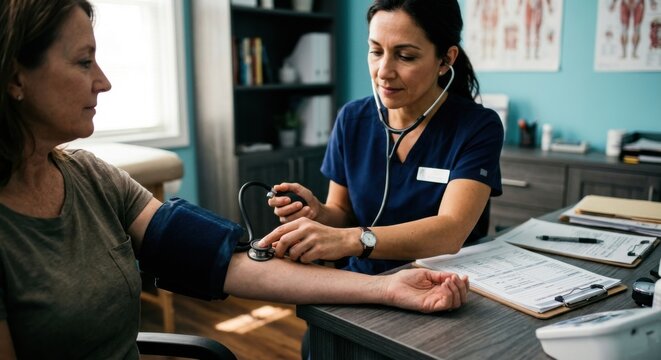 Doctor Takes Patient Blood Pressure During Medical Checkup At Clinic
