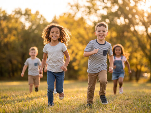 Diverse group of children playing together with genuine joy and inclusion