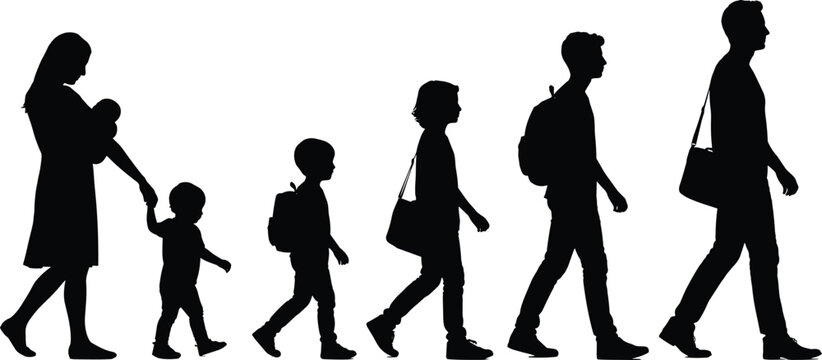 Black silhouette of a family showing the human life cycle from infancy to adulthood isolated