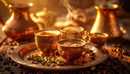 Fototapeta premium Luxury Turkish Coffee Setup with Cardamom at Golden Hour