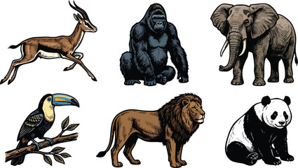 Obraz premium Animals including a gorilla and elephant are showcased in a realistic hand-drawn sketch style.