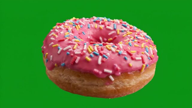 Sweet glazed donut with colorful sprinkles rotating slowly on a vibrant green screen background for seamless looping motion graphics