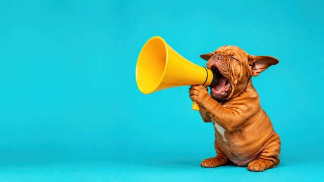 Dogue de Bordeaux puppy sits on a turquoise background holding a large yellow megaphone with both paws and shouting, with wide copy space on the left for advertising text and announcements