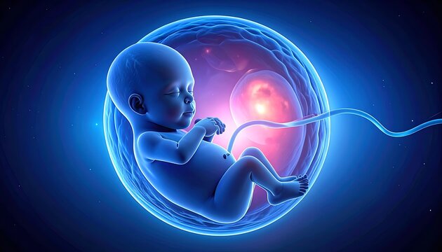 Human fetus developing inside amniotic sac, glowing blue light, scientific illustration, concept of birth and life