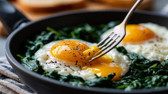 Close-up of two fried eggs with runny yolks resting on a bed of spinach in a black frying pan seasoned with black pepper, fork breaking into the soft yolk, healthy homemade