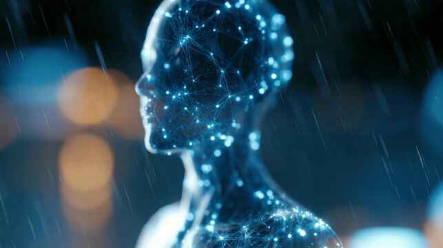 Glowing neural body figure with open eyes rendered in an abstract style, face and body composed of bright points and lines expressing brain activity, nature meets technology