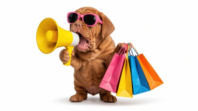 dogue de bordeaux puppy wearing pink sunglasses, shouting into a yellow megaphone and holding colorful shopping bags