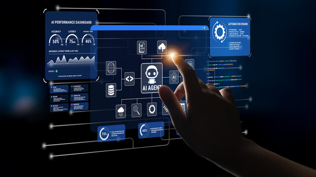 Interactive Touchscreen Interface Displaying Artificial Intelligence Performance Dashboard with Graphs and Data Analysis for Technology and Innovation. Glyphic.