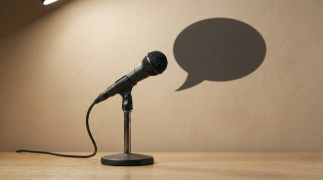 Desktop microphone with speech bubble shadow for voice presentation background and podcast banner design for announcements and voiceovers