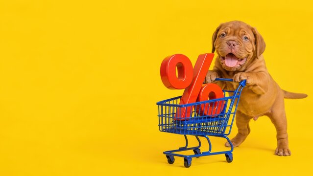 Happy Dogue de Bordeaux puppy pushing a blue shopping cart with a large red percentage sign on a yellow background