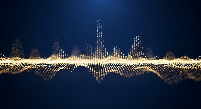 Abstract digital sound wave background. Golden audio equalizer visualization on dark blue.