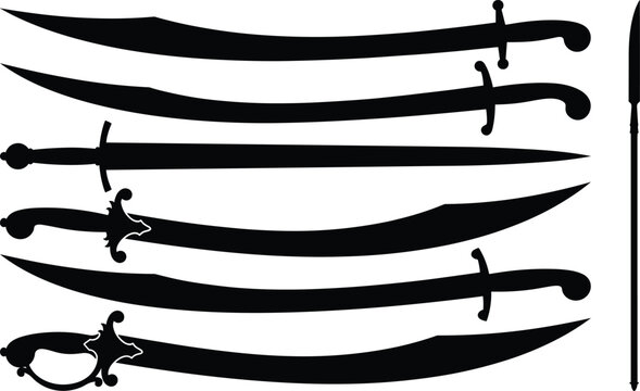 Medieval Sword and Saber Silhouette Collection with Spear Fantasy Weapon Vector Set