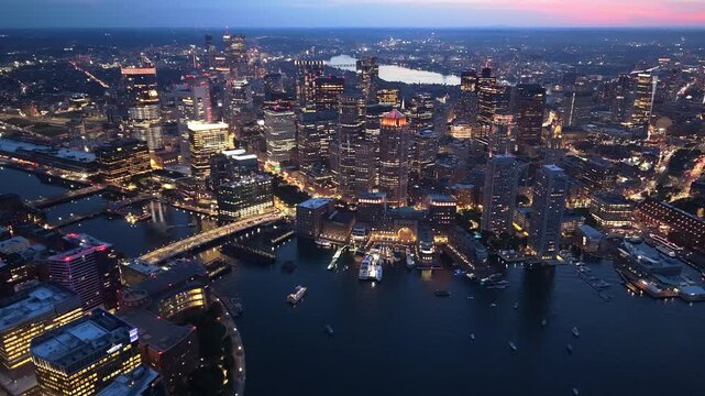 Aerial view of Boston skyline at dusk