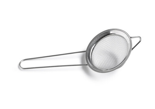 Stainless steel kitchen strainer with fine mesh and long handle, cooking and baking utensil, isolated on a white background