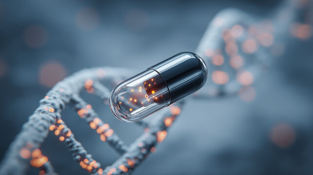 A medical capsule floating before a DNA strand represents precision medicine and genetic biotechnology innovation.
