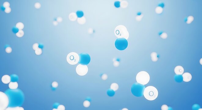 Oxygen molecules floating in blue space. Scientific background showing O2 gas particles.