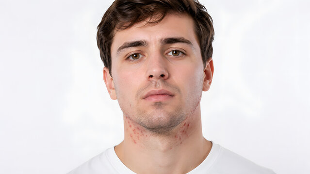 Young man with acne-prone skin in dermatology portrait