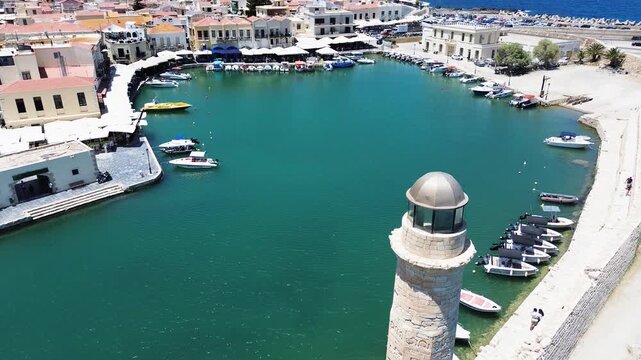 harbor and lighthouse of Rethymno old town, Crete, Greece, retro toned